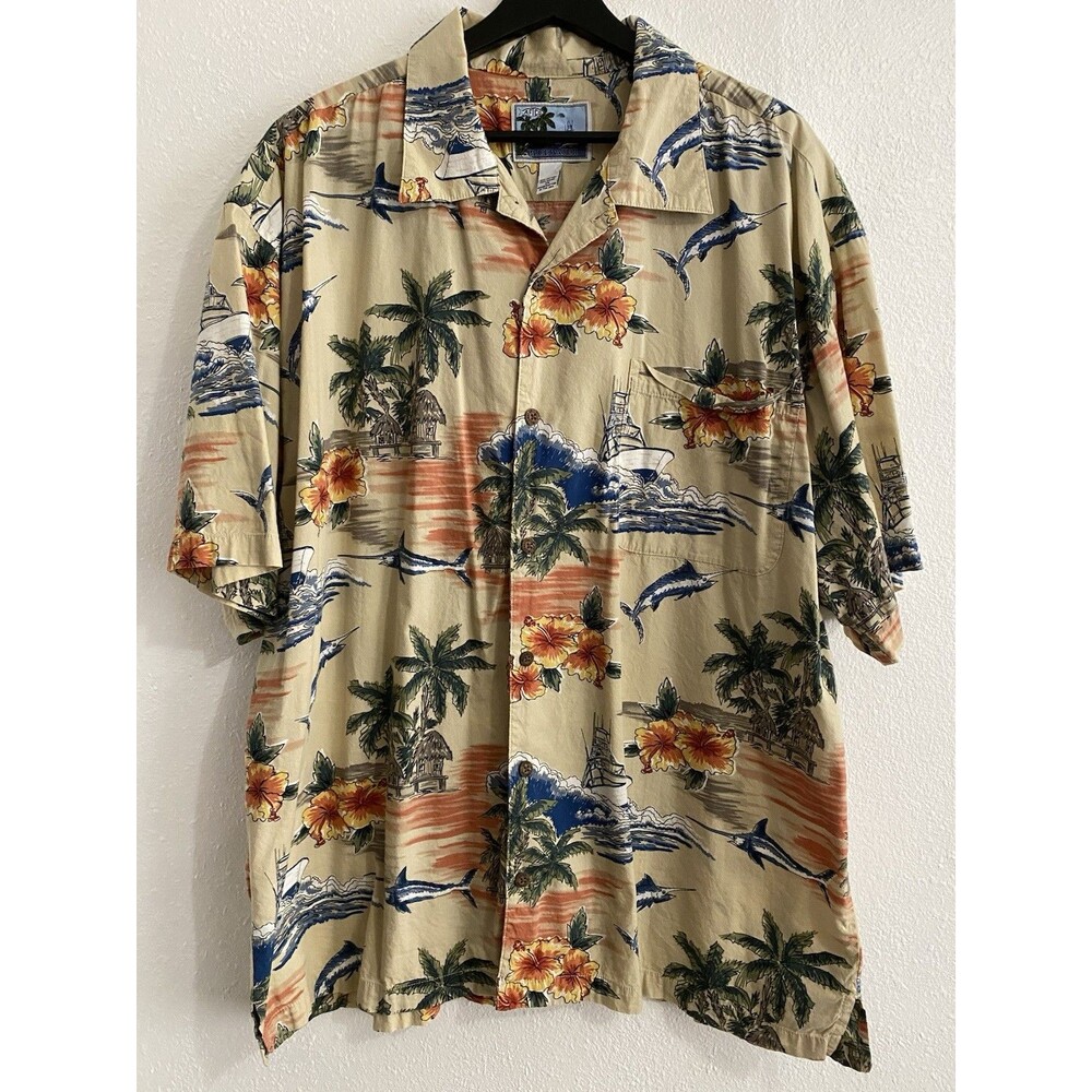 Aftco Bluewater Men’s Hawaiian Cotton Shirt 2x Shark Hibiscus Boat Waves K15